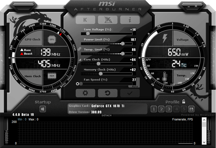 NVIDIA GeForce GTX 1070 Ti раогнанная MSI Afterburner