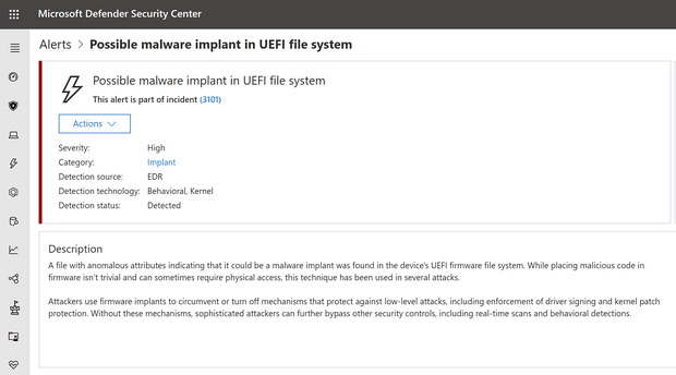 Microsoft Defender ATP предупреждение о вероятном внедрении стороннего кода в файловую систему UEFI