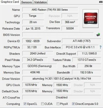 Отчёт GPU-Z для Colorfire R9 380X